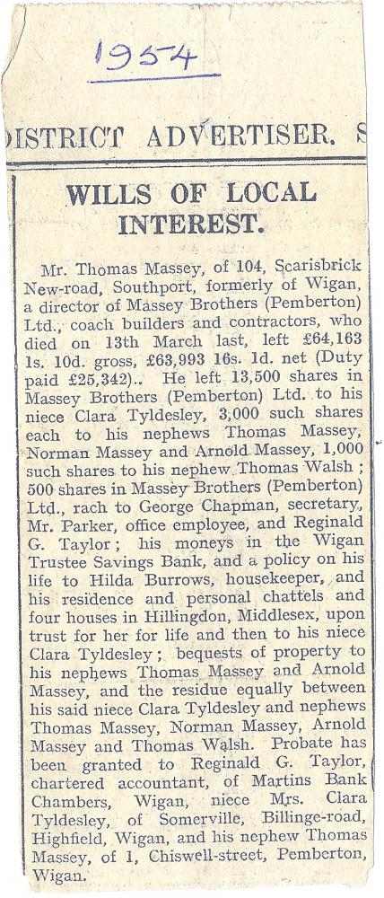 Wills of Local Interest- Mr. Thomas Massey. 1954.