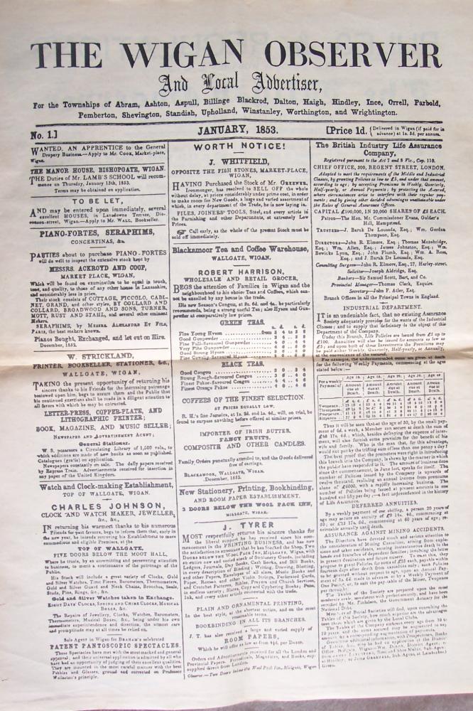    The first Wigan Observer newspaper printed in 1853