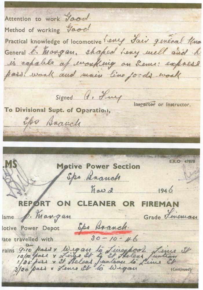 LMS, Springs Branch MPD, Report on Cleaner or Fireman, 1946 (small card)