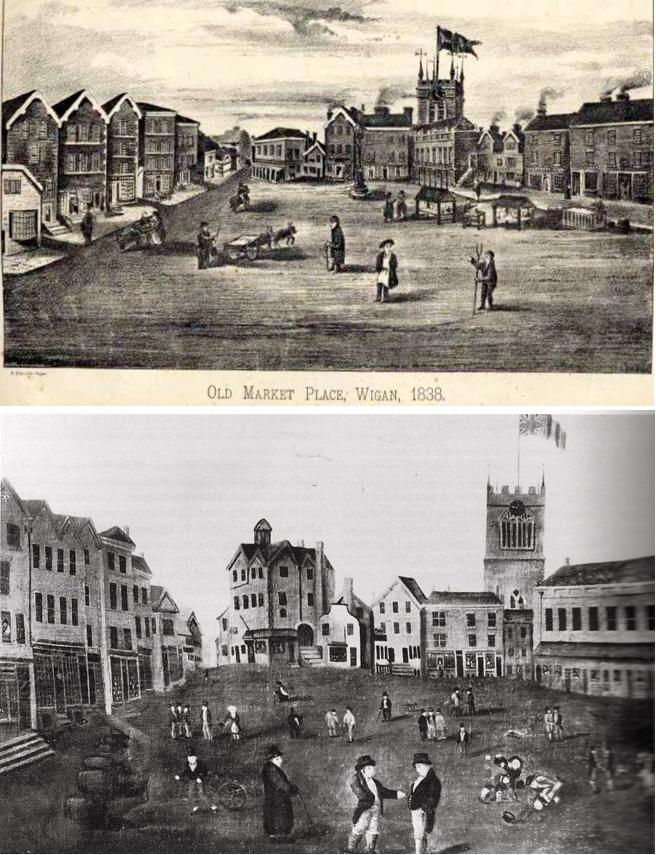 Two views of Wigan's Market Place 