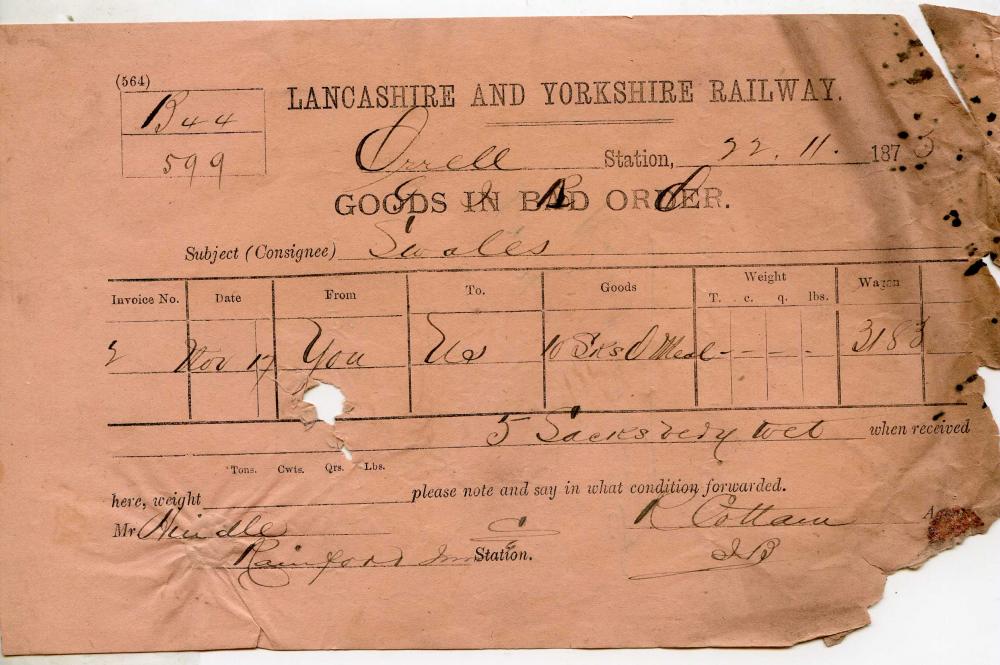 Lancashire & Yorkshire Railway note from Orrell Station 1875