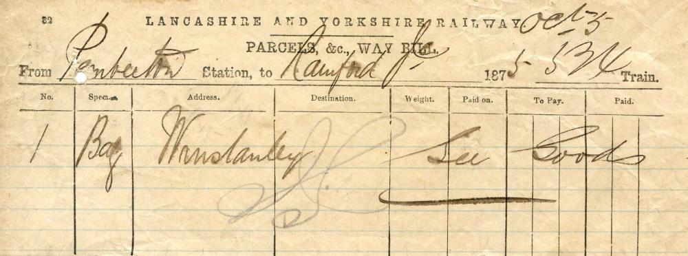 Lancashire & Yorkshire Railway Pemberton Station Way Bill from 1875
