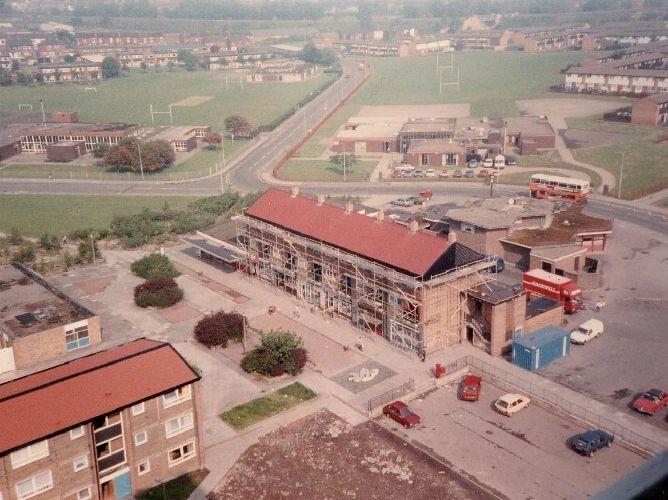 New sloping roofs were built onto the shops, 1989.