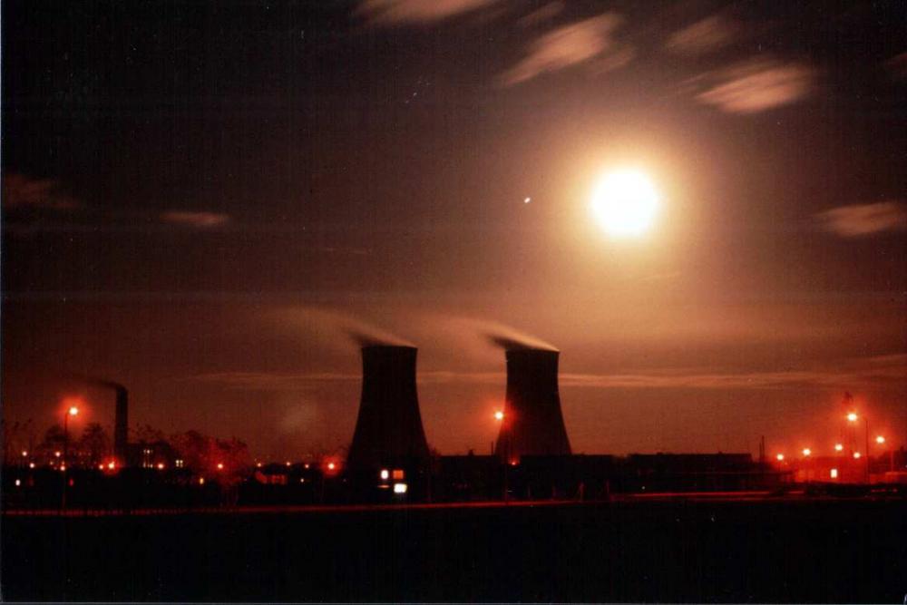 cooling towers at night