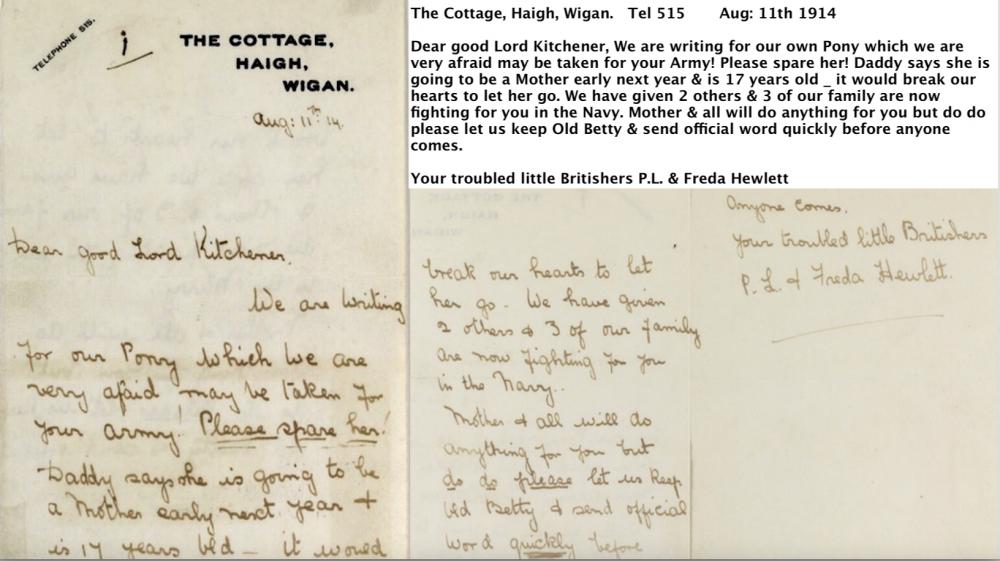 Pony Plea from Haigh Cottage WW1 1914