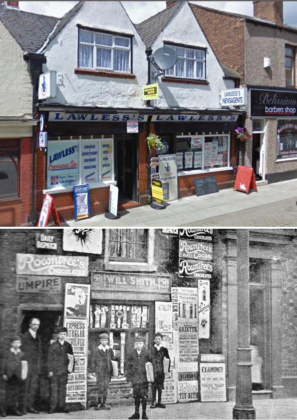 Will Smith's newsagents 28 Wigan Lane 1905 and the same building 100 years later.