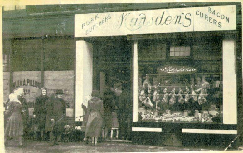 Marsden's Butchers on the corner of Caroline St, Wallgate, 1950.