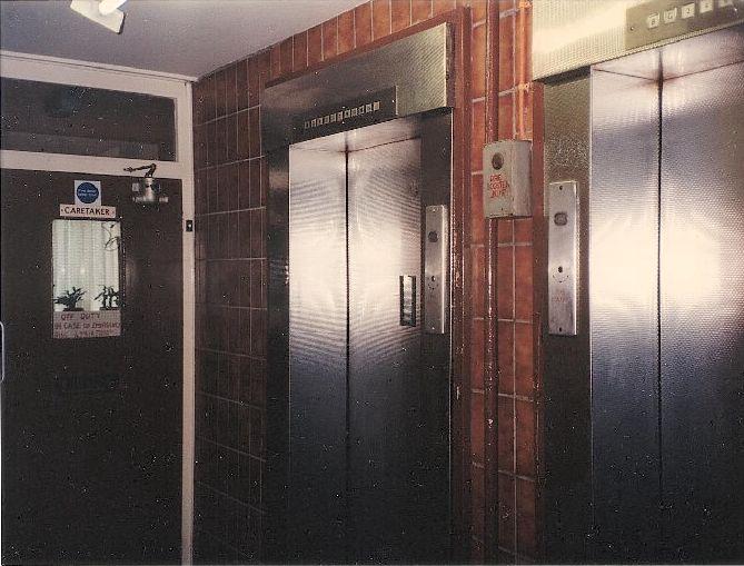 Entrance to the lifts, on the ground floor of Dryden House, 1989.