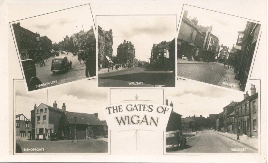 Postcard titled "The Gates of Wigan".