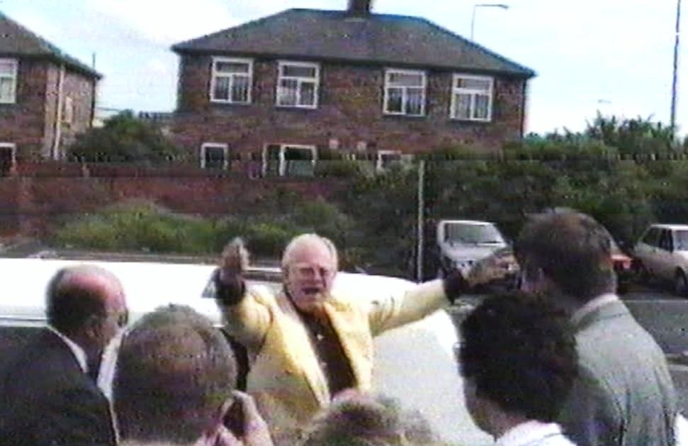 Ken Morley opening Elizabeth Furnishings, Wigan, May 1993