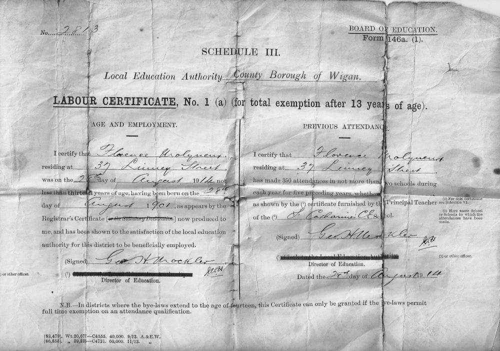 Labour Certificate For Florence Molyneux 1914