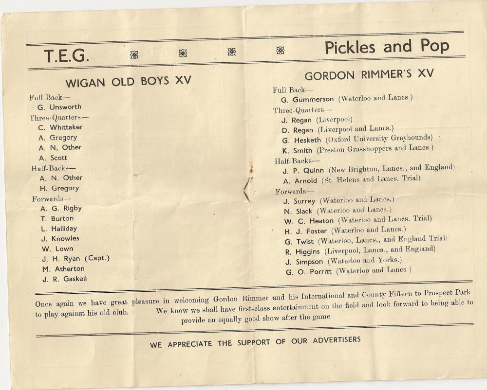 Wigan Old Boys V Gordon Rimmer's Teams