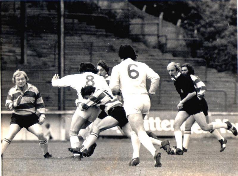 Joe Pendlebury, Springfield making a tackle during the Ken Gee cup final, 1978.
