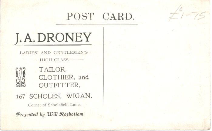 J.A. Droney, tailor, clothier (reverse of card).