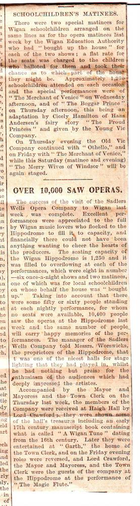 Newspaper review of Wigan Hippodrome's Opera and Shakespear performances