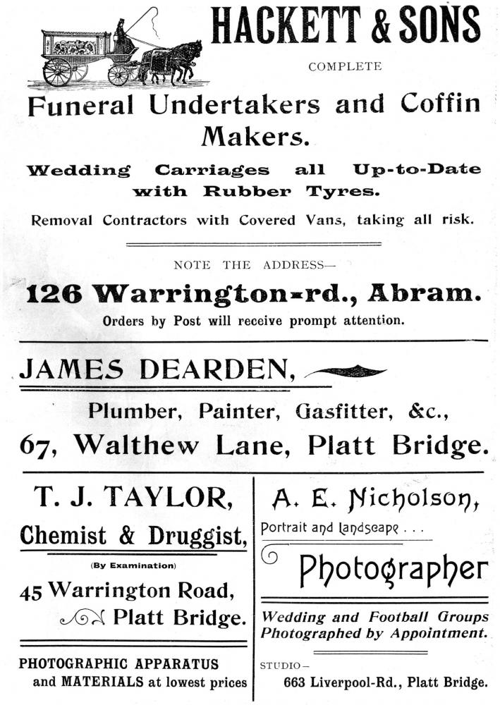 Adverts page, St Nathaniel's Platt Bridge 1904 magazine