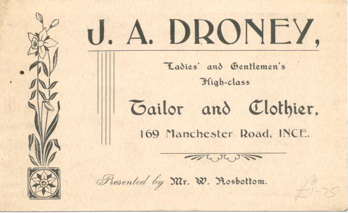 J.A. Droney, tailor, clothier (reverse of card).