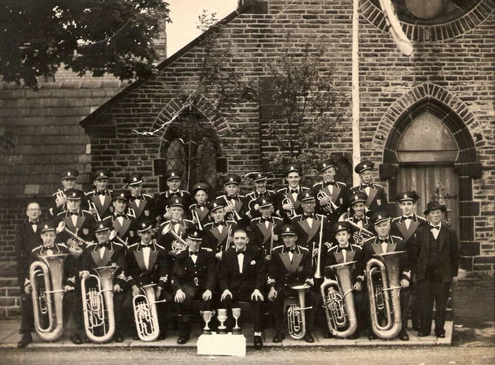 Haigh Prize Band taken outside Our Lady's Church, Haigh in 1955.