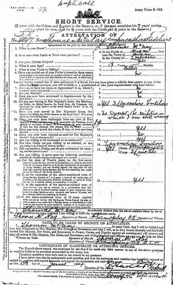 Private Thomas McNay Service Record