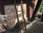 'Caution chimney demolition' sign (78K)