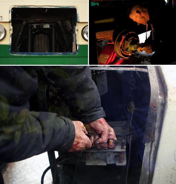 Mechanic Neil McGuire at work (top right corner). The hands below belong to the dairy owner Horace W. Kay. Neil has learnt to repair a milk float from Mr. Kay. 2012