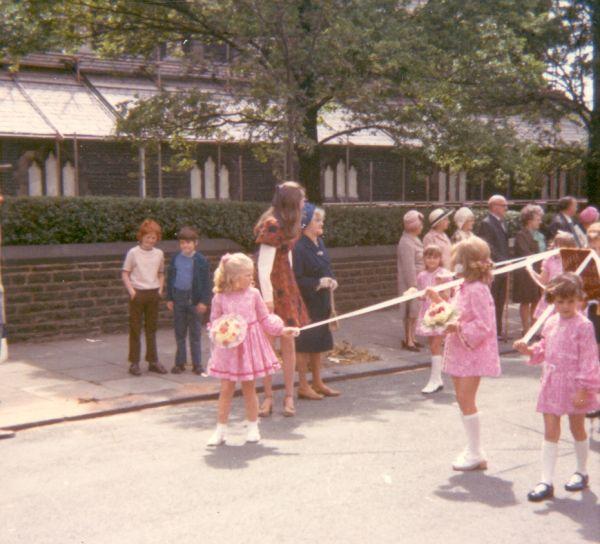 Sunday School walk, outside the church, c1973.