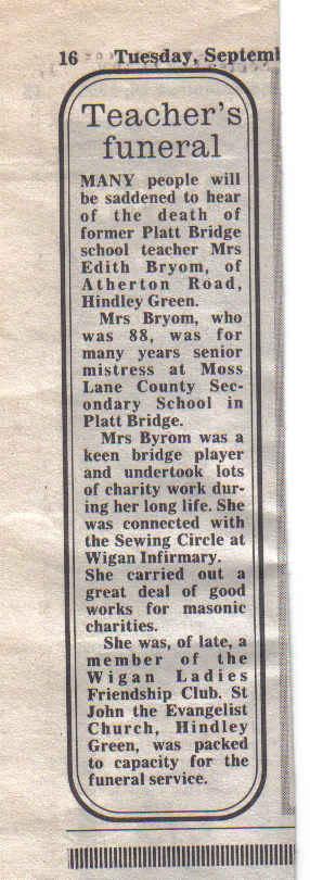 Mrs Byrom's funeral notice, Moss Lane School