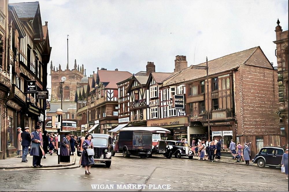 Market Place Wigan 1951 colourised