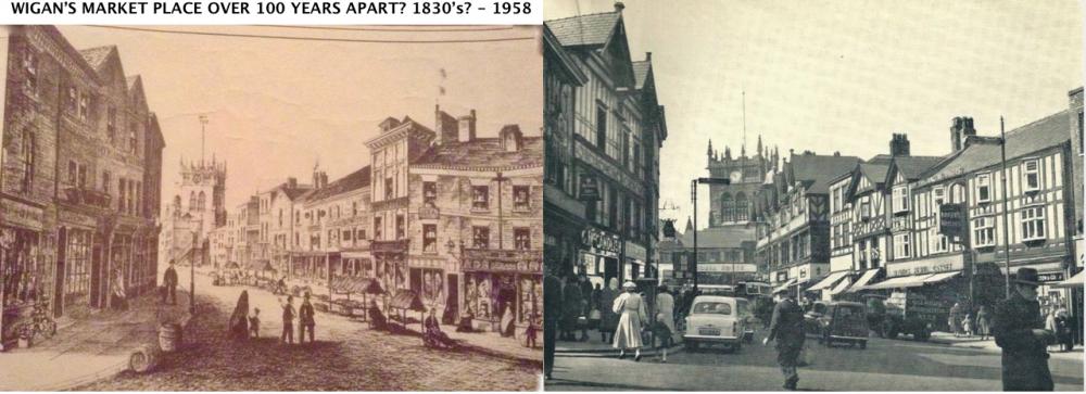 Views of Wigan's Market Place, over 100 years apart.