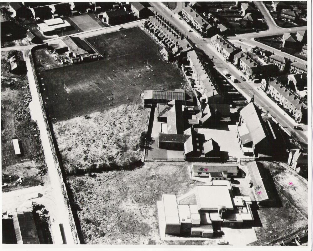 aeriel view of  Ince showing St. Williams' Church and School 1972