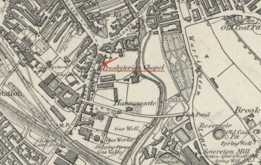 Old Presbyterian Chapel of 1769 shown on Old Wigan Map 1840’s to 50’s
