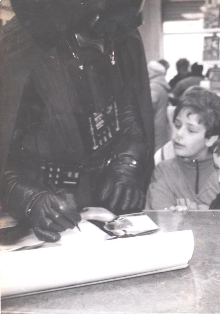 Darth Vader at the opening of Mr Flicks video shop in Bryn 1988 or 89