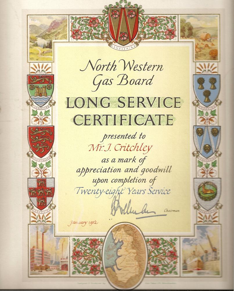 Jack Critchley - Long Service Certificate - NW Gas Board 1952