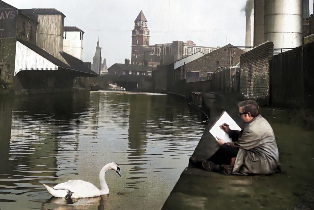 Lawrence Isherwood sketching near Wigan Pier 1958