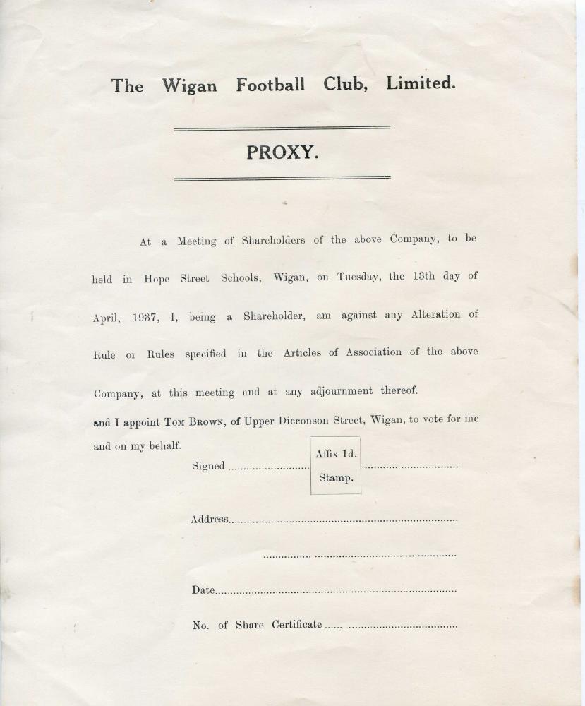 Wigan Football Club Limited Proxy Shareholders Form 1937.