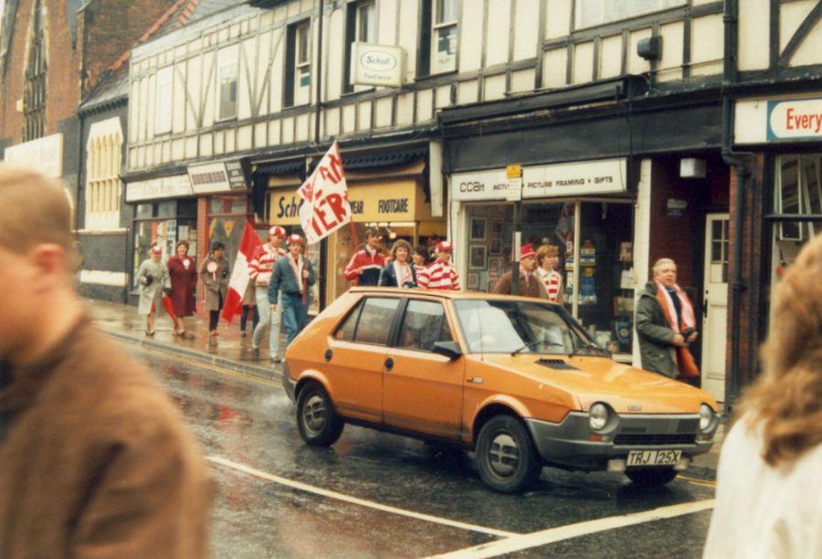 Wigan fans on Dicconson Street, Wigan, c1984.