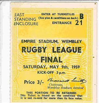 Wigan v Hull cup final ticket, Wembley, 1959.