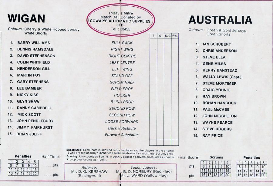 Wigan v Australia, 1982. The teams.