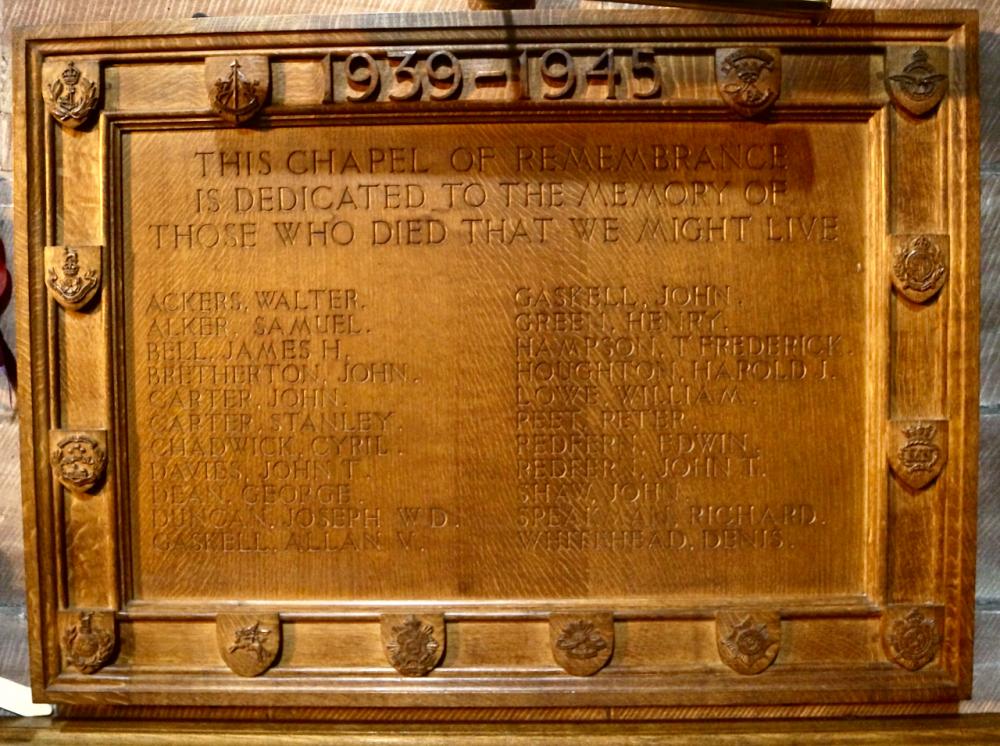 Memorial plaque in WW2 Chapel at St Matthew Highfield