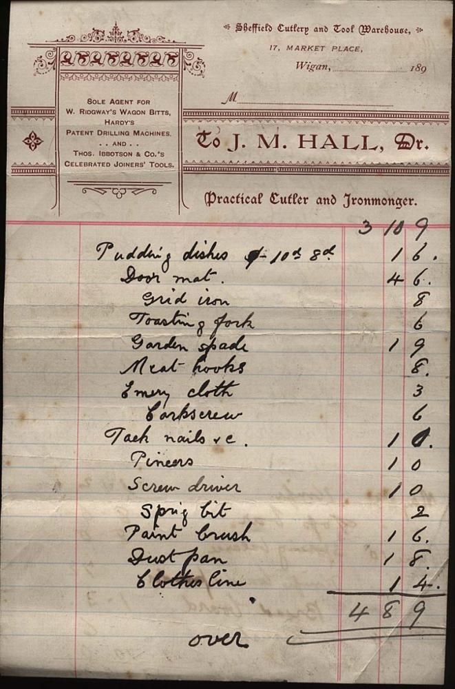 J.M. Hall Invoice 1890's