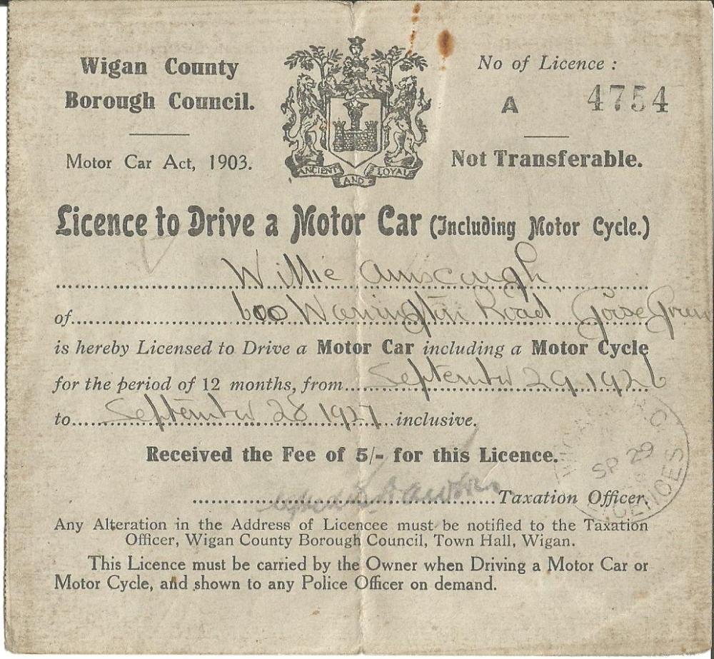 Dads Driving Licence 1926/27