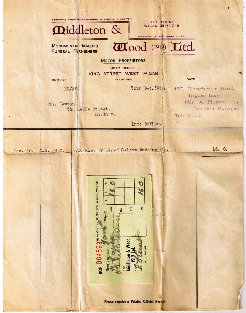 1939 receipt for wedding car.