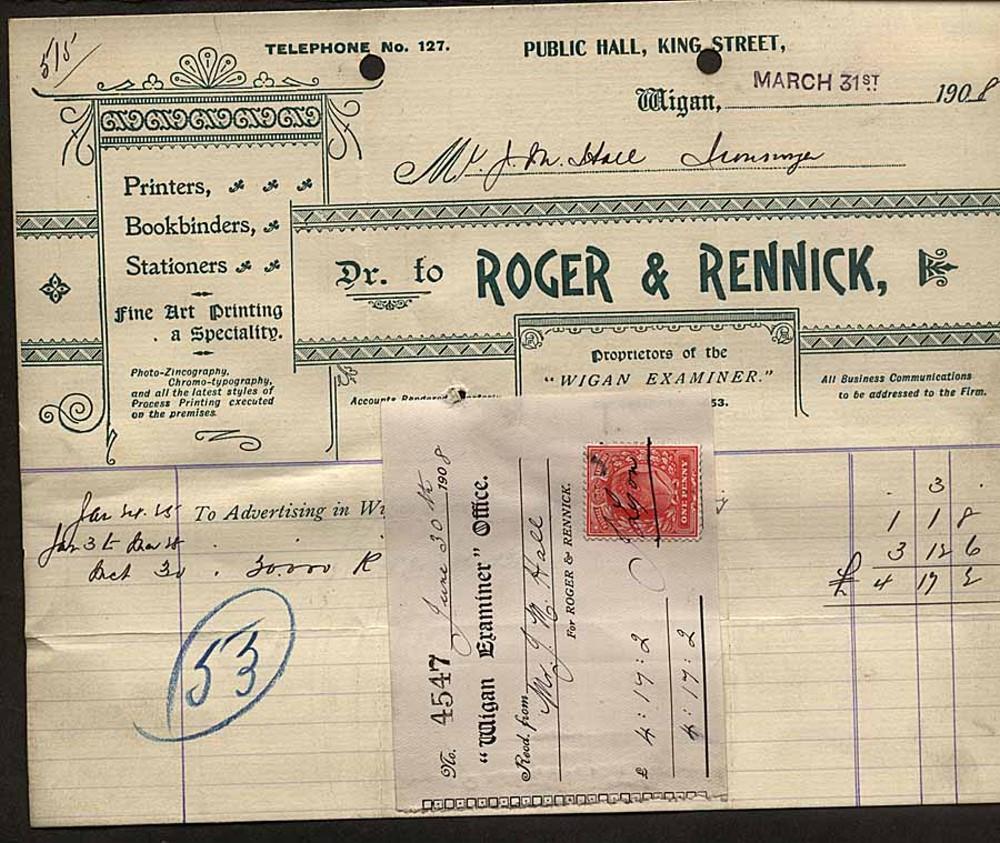 ROGER and RENNICK RECEIPT. 1908