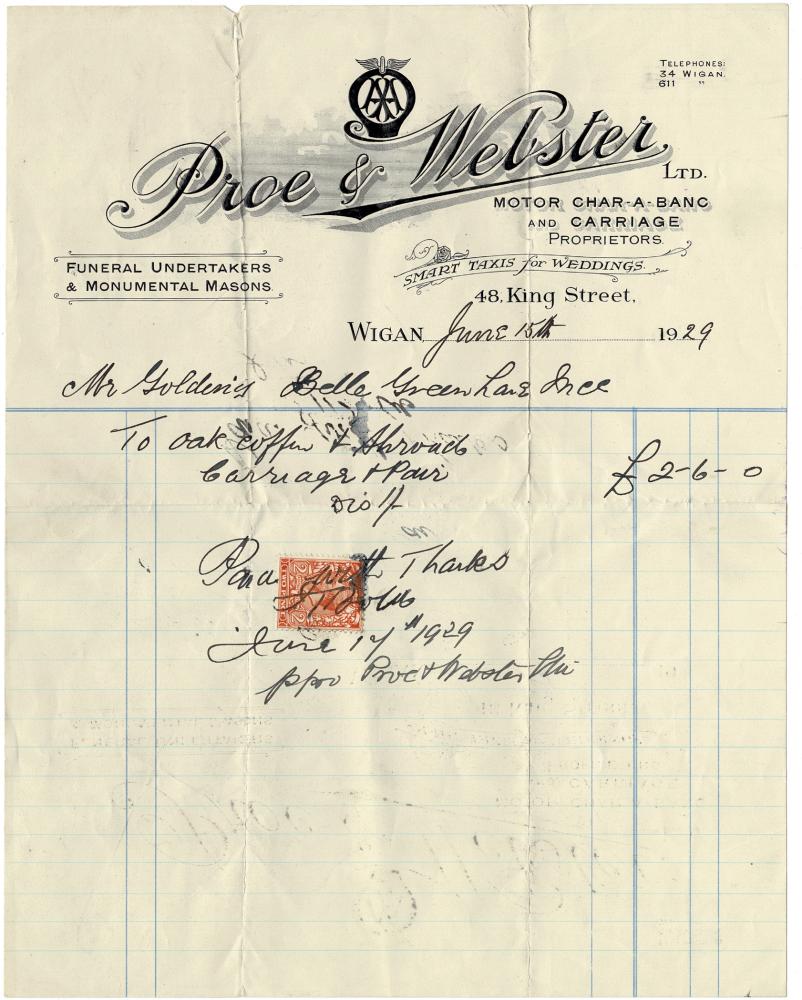 Proe & Webster Undertakers King St. Invoice 1929 Proe & Webster Undertakers King St. Invoice 1929