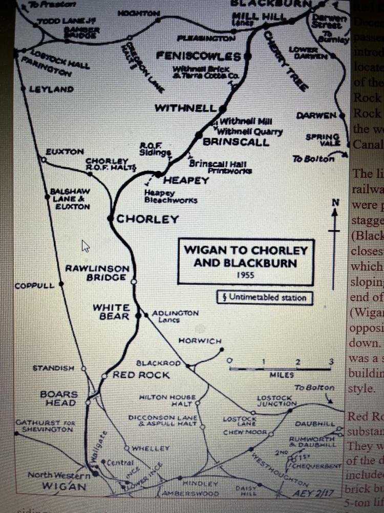 Lancs Union Railway map Wigan to Blackburn 1955