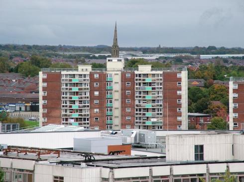 St. Catharine's spire beyond the flats in Scholes